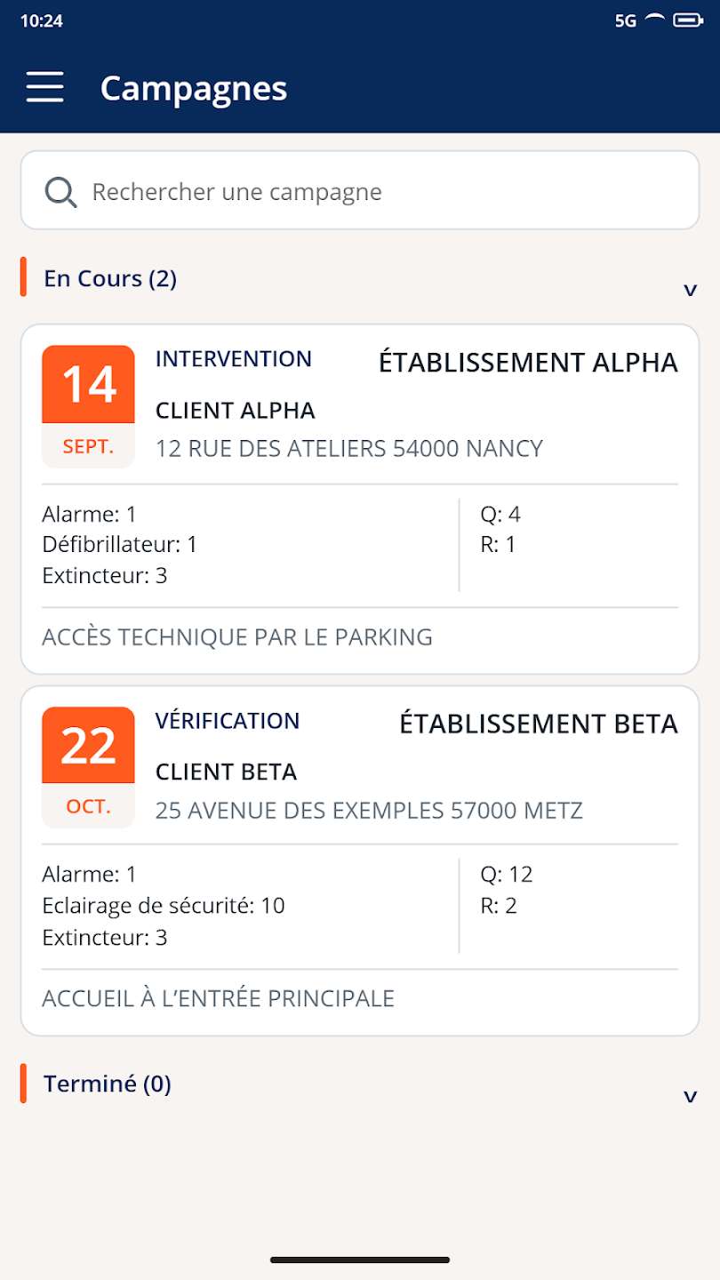 CONNECT-IS Android — campagnes Application CONNECT-IS Incendie : liste des campagnes avec données de démonstration.