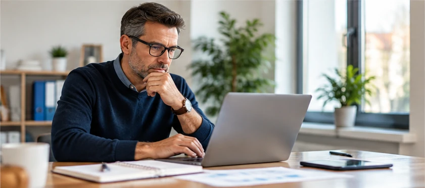 Responsable d’entreprise en réflexion devant son ordinateur portable.